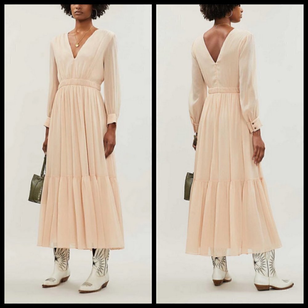 💕SANDRO💕 Chaireen Gathered Metallic Georgette Maxi Dress ~ 38 NWT
